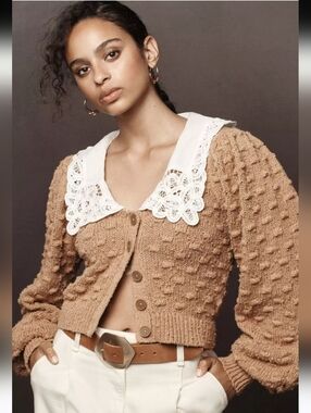 ANTHROPOLOGIE Bobble Knit Lace Collar Cropped Cotton Cardigan Mocha Brown M EUC